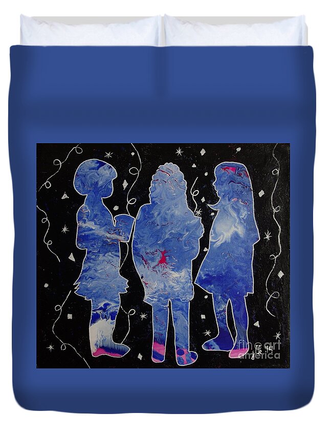 Girls Duvet Cover featuring the mixed media Besties - Party On by Lori Kingston