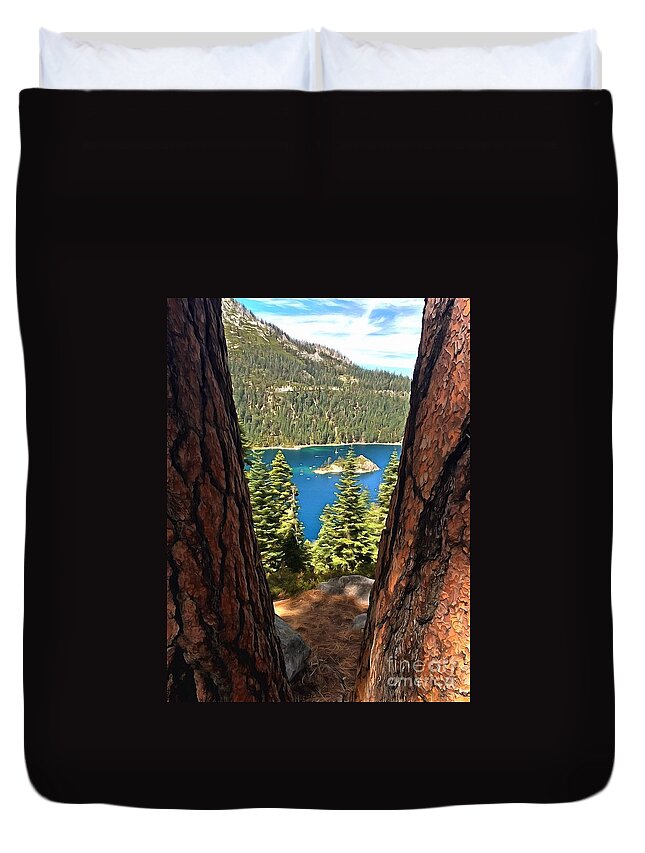 Lake Tahoe Duvet Cover featuring the photograph Between The Pines by Krissy Katsimbras
