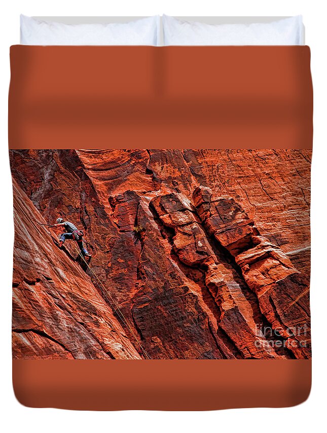 Rock Climber Duvet Cover featuring the photograph Between Two Cliffs by Blake Richards