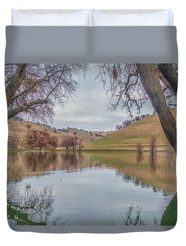 Landscape Duvet Cover featuring the photograph Between Two Oaks by Marc Crumpler