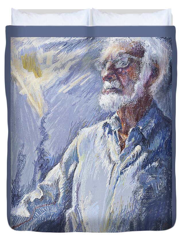 Man Duvet Cover featuring the painting Between Two Worlds by Ellen Dreibelbis
