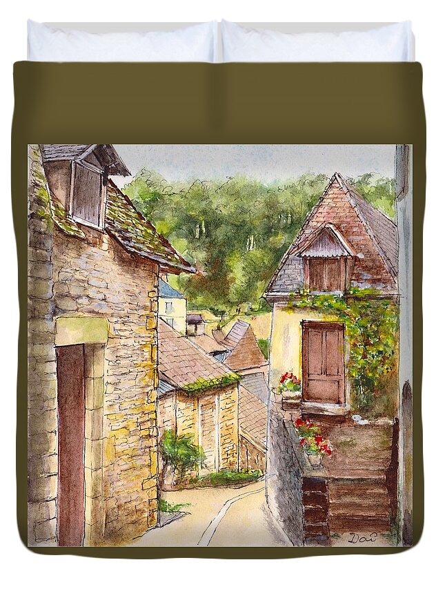 Village Duvet Cover featuring the painting Beynac et Cazenac Nouvelle Aquitaine France by Dai Wynn