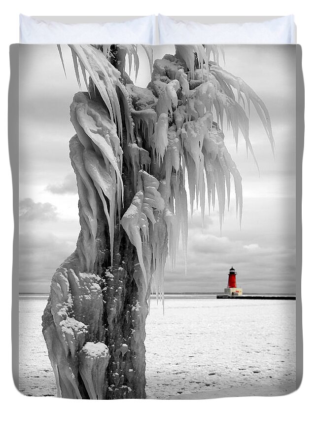 Lighthouse Ann Arbor Park Duvet Cover featuring the photograph Beyond the Ice Reaper's Grasp - Menominee North Pier Lighthouse by Mark J Seefeldt