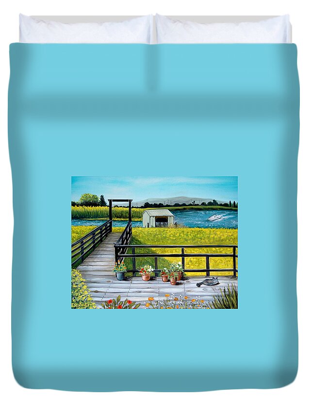 Landscape Duvet Cover featuring the painting Beyond The Levee by Elizabeth Robinette Tyndall