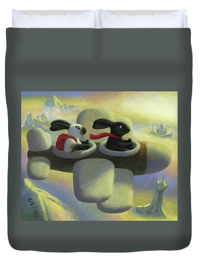 Rabbits Duvet Cover featuring the painting Bheetoven and Caire's grand Adventure by Chris Miles