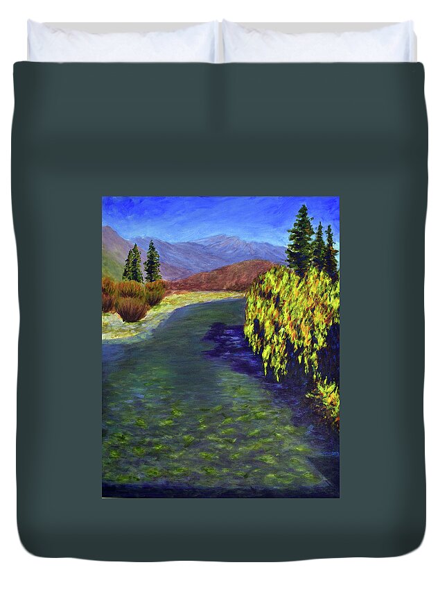 Bhutan Series Duvet Cover featuring the painting Bhutan series - The river's course by Uma Krishnamoorthy