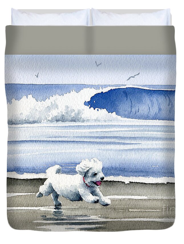 Bichon Duvet Cover featuring the painting Bichon Frise At The Beach by David Rogers