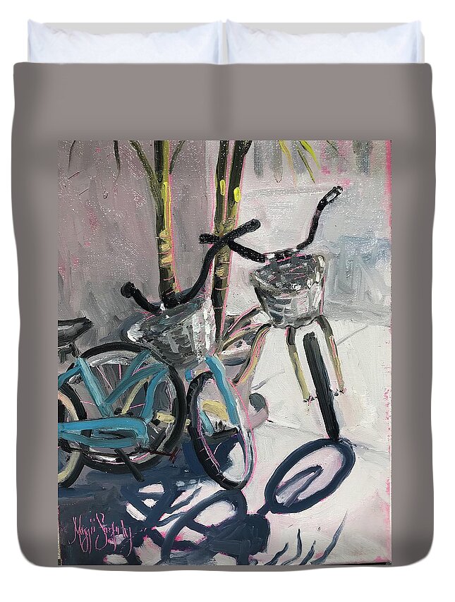 Bikes Duvet Cover featuring the painting Bicycle Shadows by Maggii Sarfaty