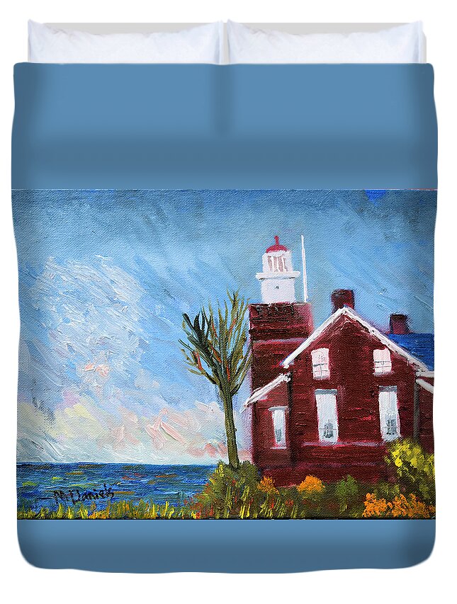  Lighthouse Lake Superior Bed And Breakfast Skyscape Blue Red Orange Duvet Cover featuring the painting Big Bay Lighthouse by Michael Daniels