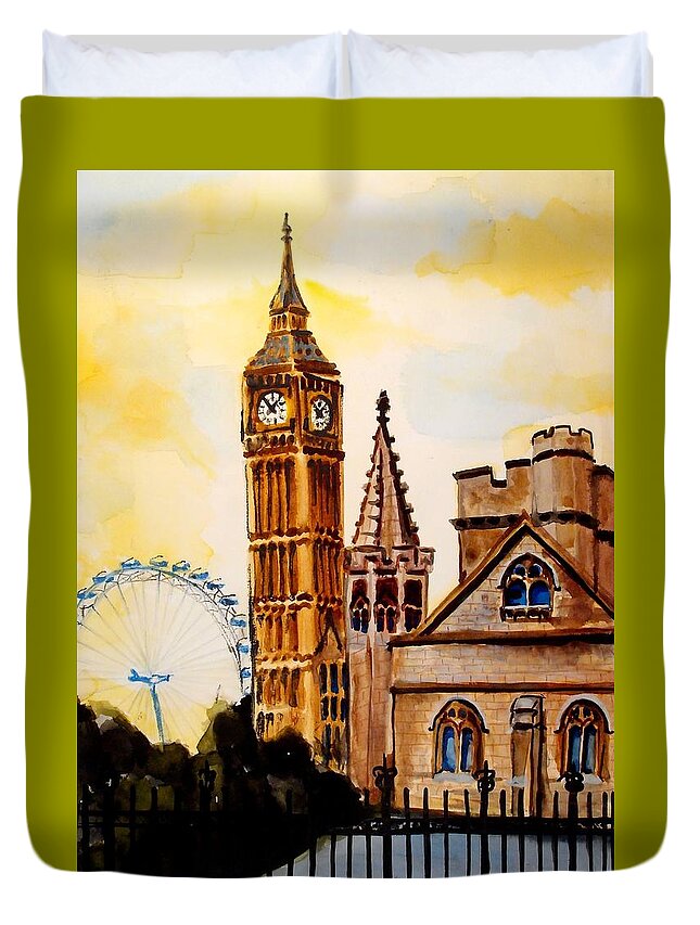 London Duvet Cover featuring the painting Big Ben and London Eye - Art by Dora Hathazi Mendes by Dora Hathazi Mendes