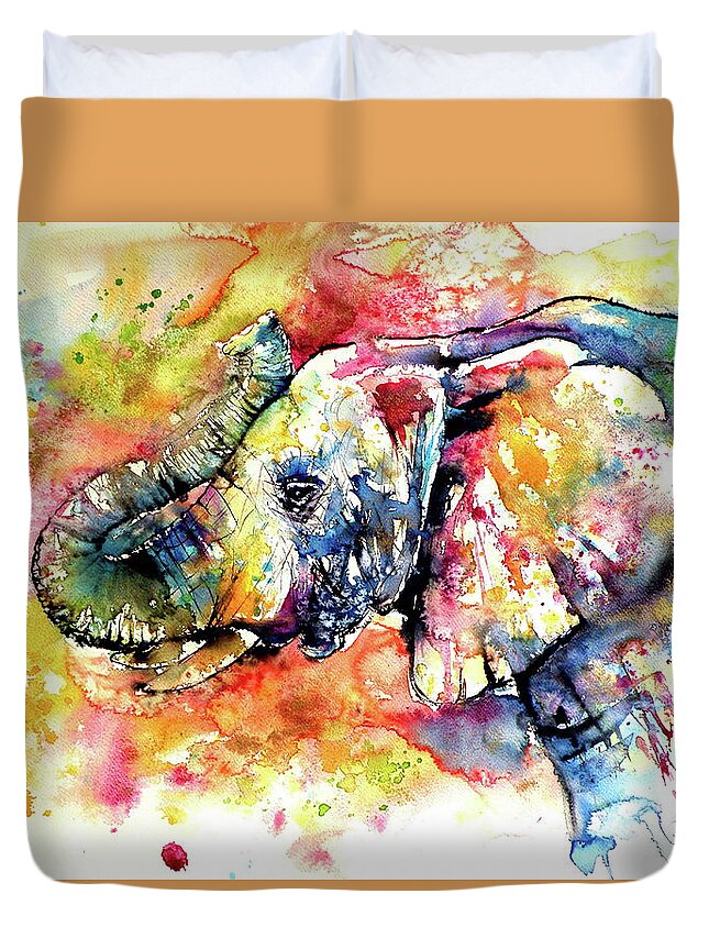 Elephant Duvet Cover featuring the painting Big Colourful Magestic Elephant B by Kovacs Anna Brigitta