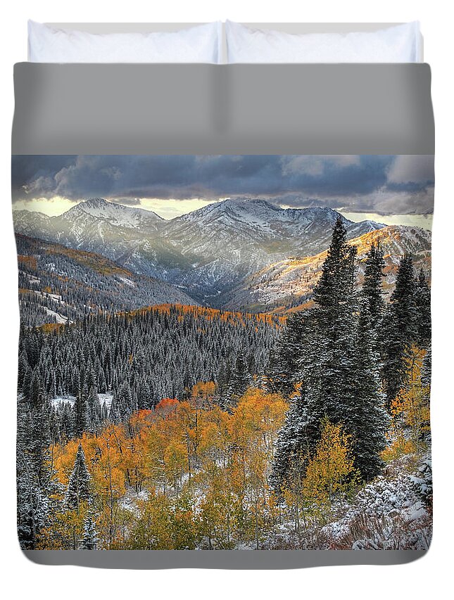 Utah Duvet Cover featuring the photograph Big Cottonwood Canyon Early Snow and Fall Color by Brett Pelletier