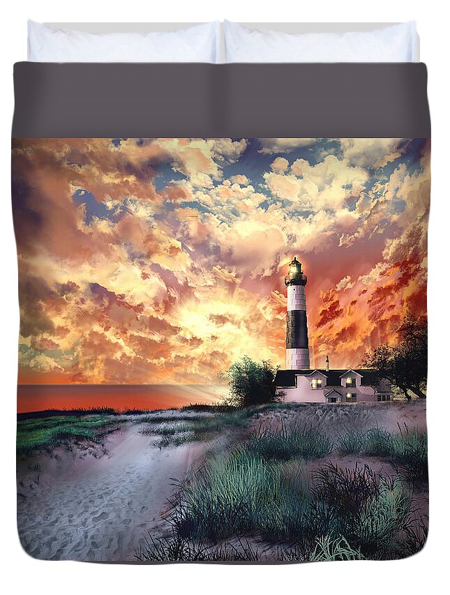 Lighthouse Duvet Cover featuring the painting Big Sable Lighthouse by Bekim M