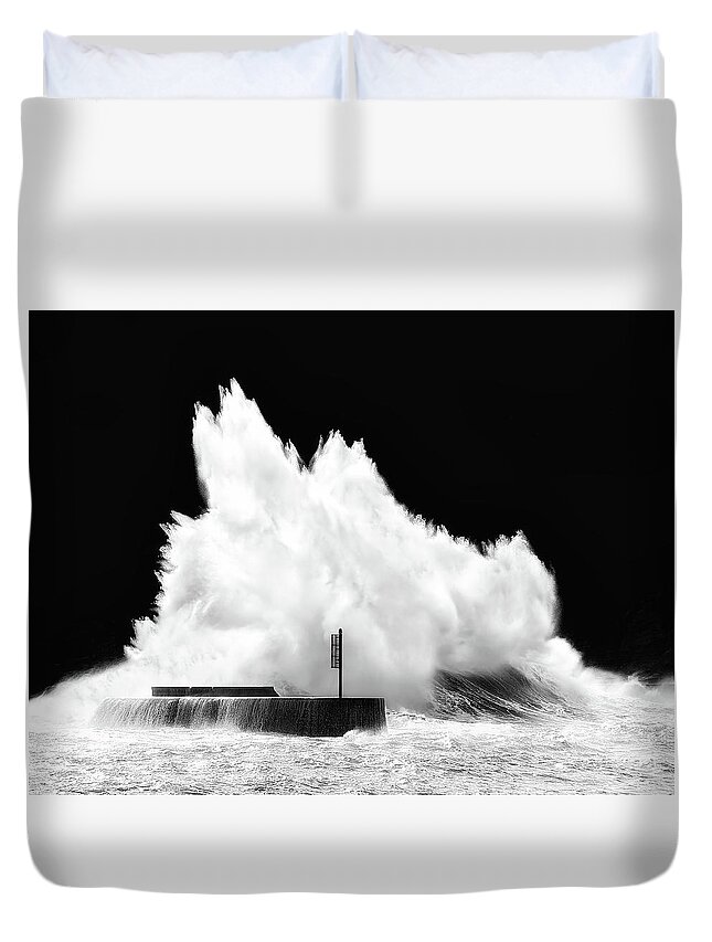 Breakwater Duvet Cover featuring the photograph Big Wave Breaking On Breakwater by Mikel Martinez de Osaba