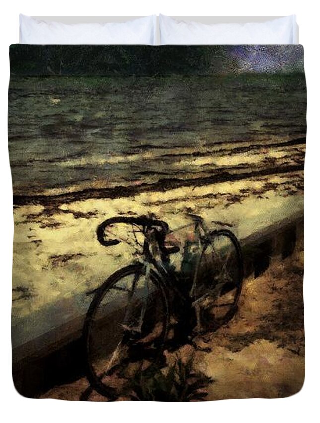 Landscape Duvet Cover featuring the painting Bike at the Beach by RC DeWinter