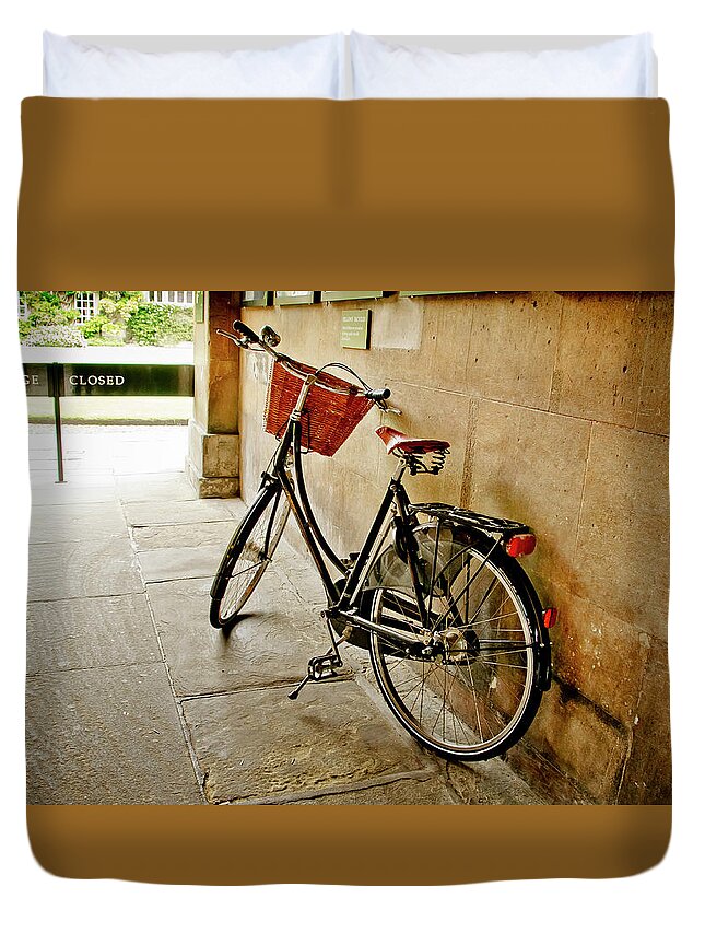 Christ's College Duvet Cover featuring the photograph Bike at the school gate. by Elena Perelman