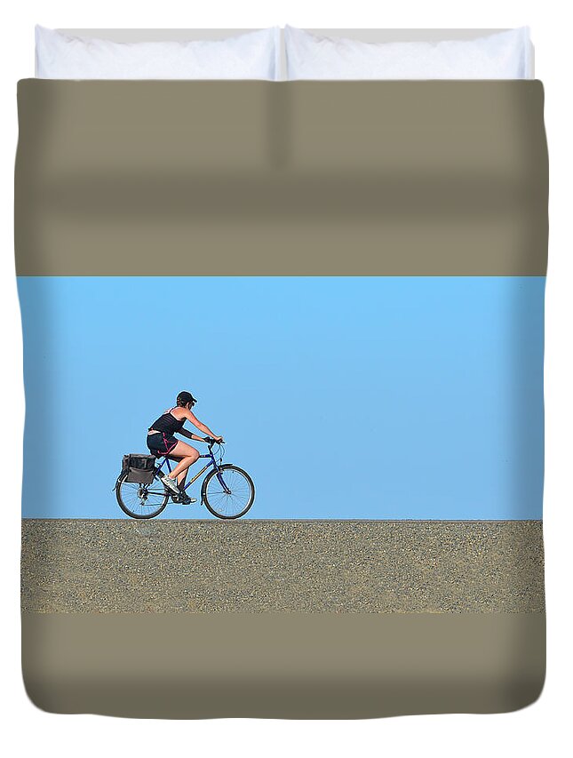 Bike Duvet Cover featuring the photograph Bike Rider on Levee by Josephine Buschman