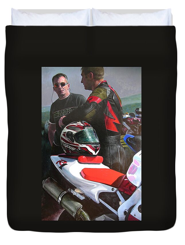 Bikers Duvet Cover featuring the painting Bikers at the Horseshoe Pass by Harry Robertson