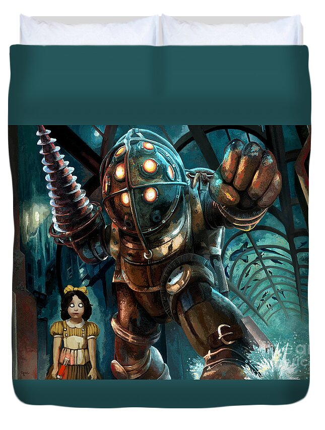 Bioshock Duvet Cover featuring the painting Bioshock Big Daddy and Little Sister Swimming with the Sharks by Jackie Case