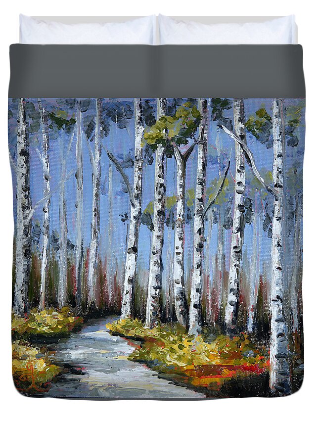 Birch Trees Duvet Cover featuring the painting Birch Tree Path by Trina Teele