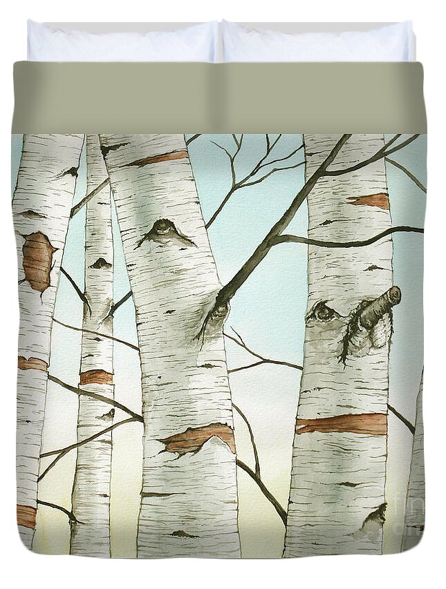 Birch Tree Duvet Cover featuring the painting Birch Trees in Late Autumn in watercolor by Christopher Shellhammer