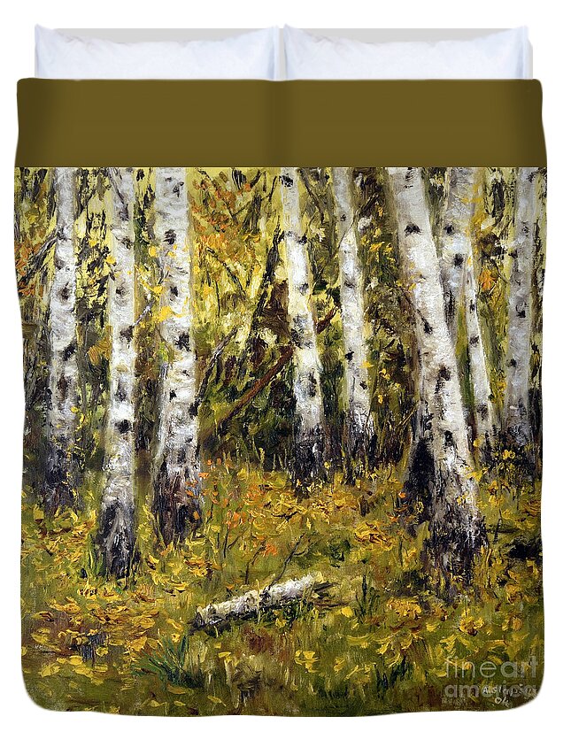 Landscape Duvet Cover featuring the painting Birches by Arturas Slapsys