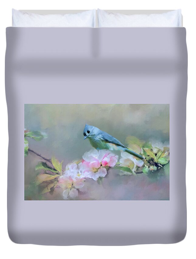 Bird Duvet Cover featuring the photograph Bird and Blossoms by Cathy Kovarik