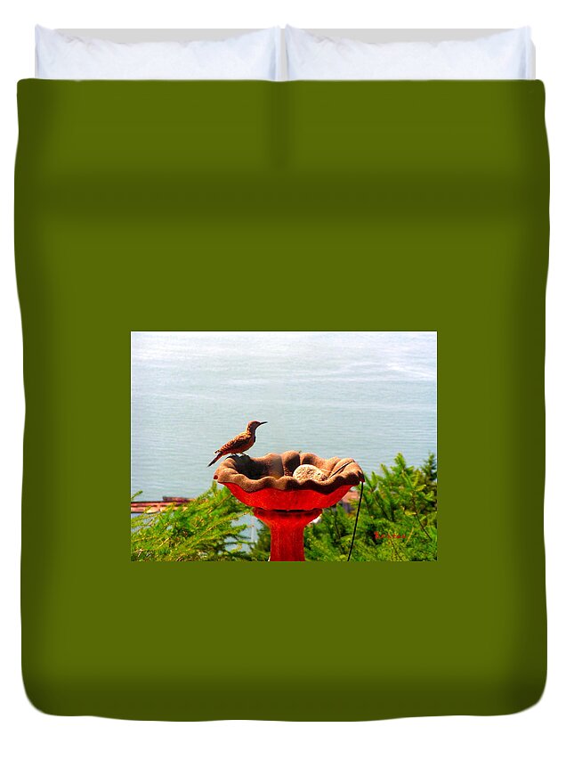 Birds Duvet Cover featuring the photograph BIRD BATHING @ PORT of TACOMA WASHINGTON by A L Sadie Reneau