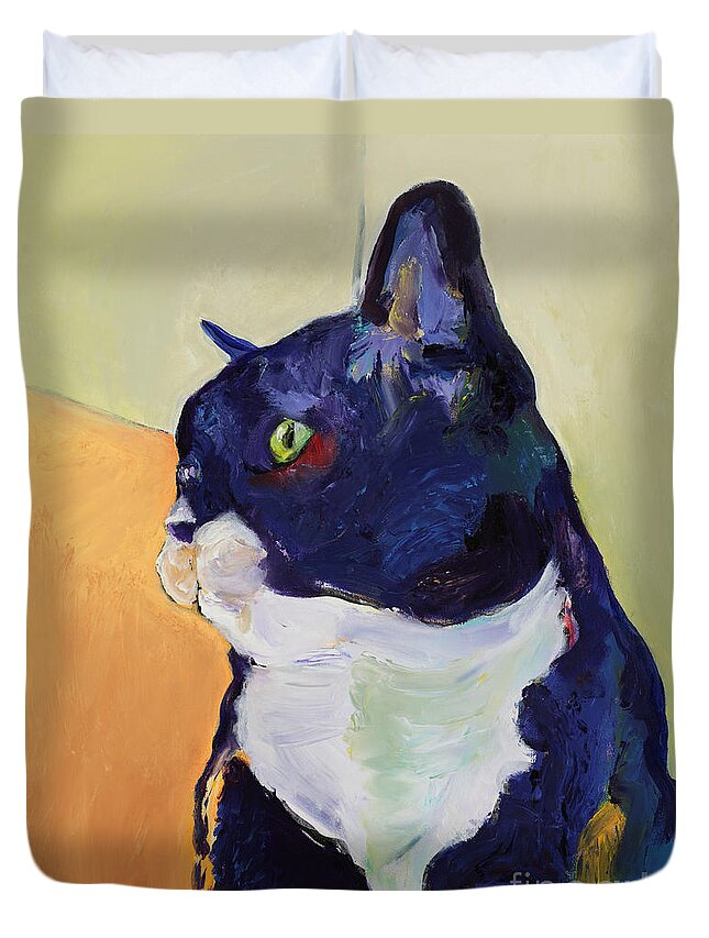 Cat Portrait Duvet Cover featuring the painting Bird Watcher by Pat Saunders-White