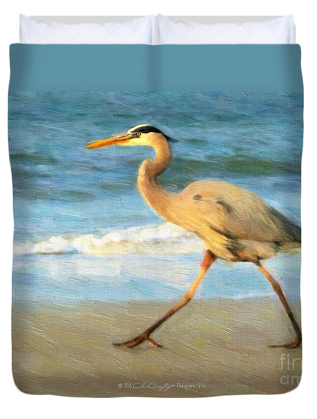 Blue Heron Duvet Cover featuring the painting Bird with a Purpose by Chris Armytage