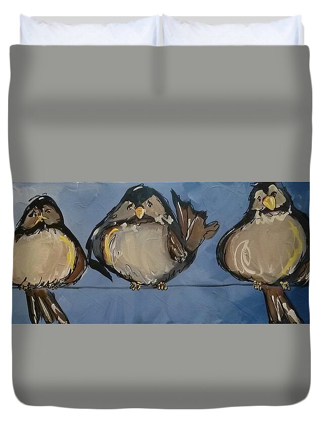 Bird Duvet Cover featuring the painting Birdies on a Wire by Terri Einer