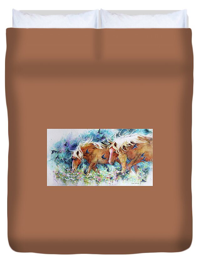 Horses Duvet Cover featuring the painting Birds and horses by Nicole Gelinas