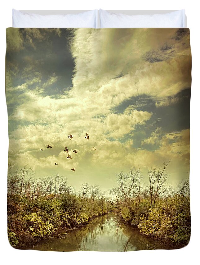 River Duvet Cover featuring the photograph Birds Flying over a River by Jill Battaglia