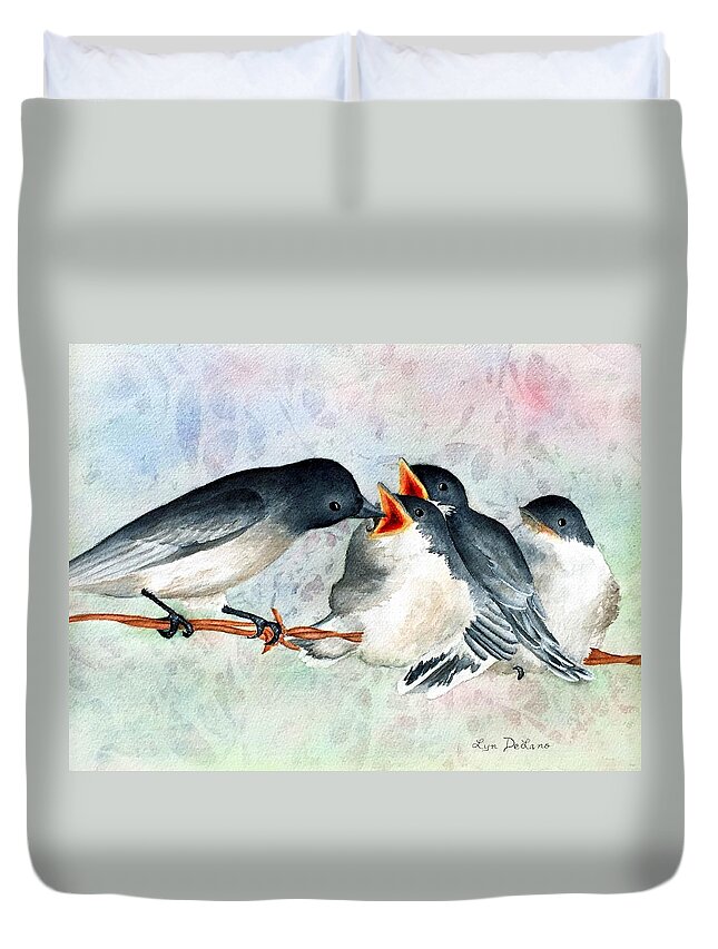 Birds Feeding Duvet Cover featuring the painting Birds on a Wire by Lyn DeLano