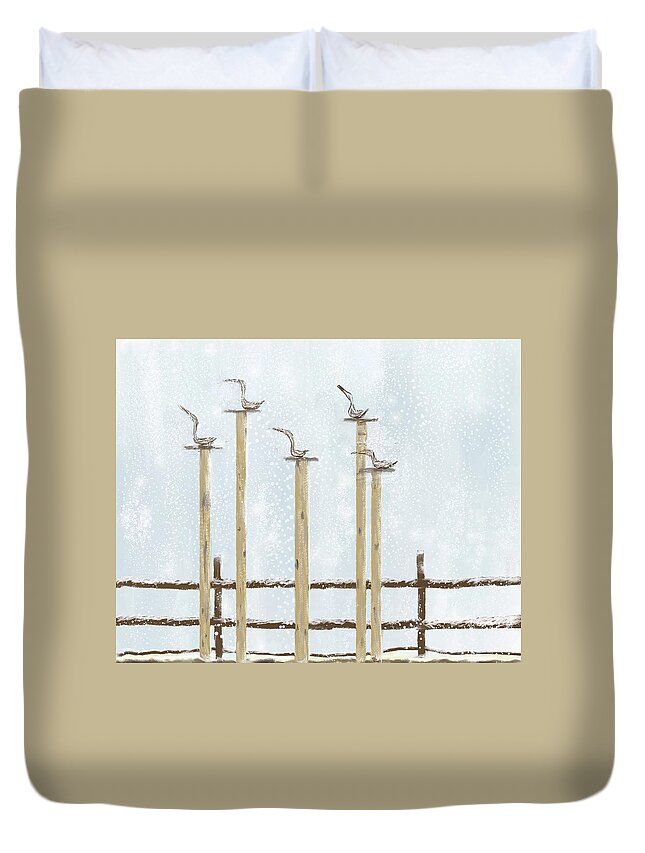 Birds Duvet Cover featuring the digital art Birds on Posts by Peggy Blackwell