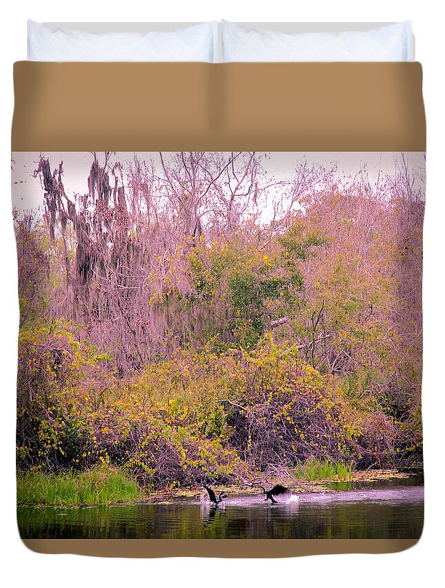 Bird Duvet Cover featuring the photograph Birds Playing In The Pond 1 by Madeline Ellis