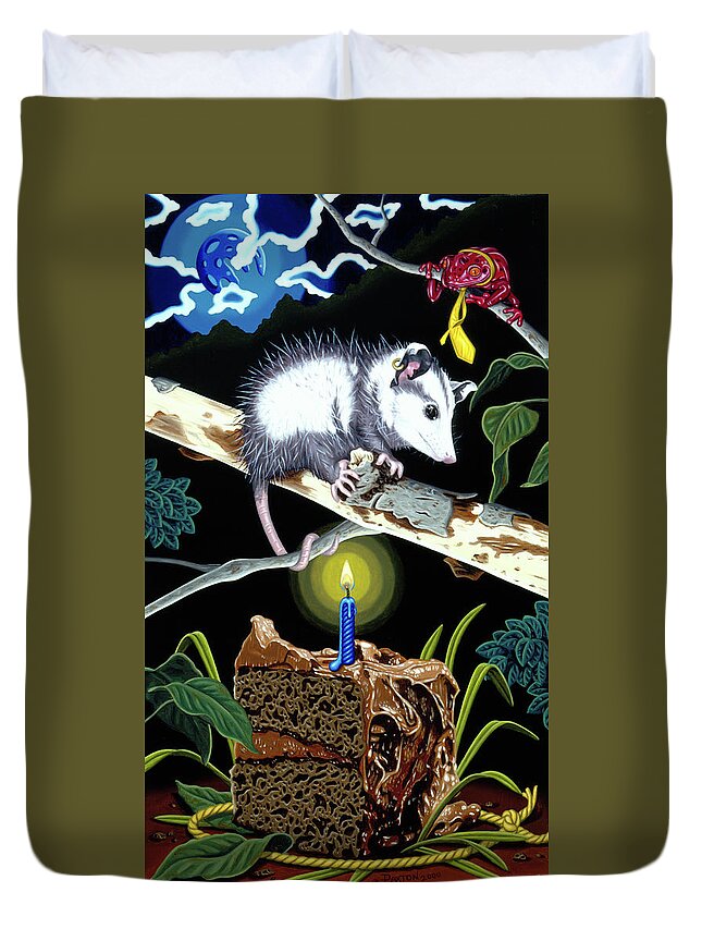 Opossum Duvet Cover featuring the painting Birthday Surprise by Paxton Mobley