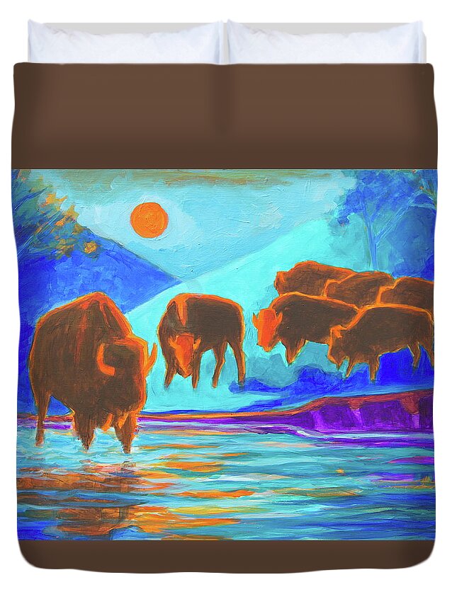 Bison Art Duvet Cover featuring the painting Bison Art - Seven Bison at Sunrise Yosemite painting T Bertram Poole x by Thomas Bertram POOLE