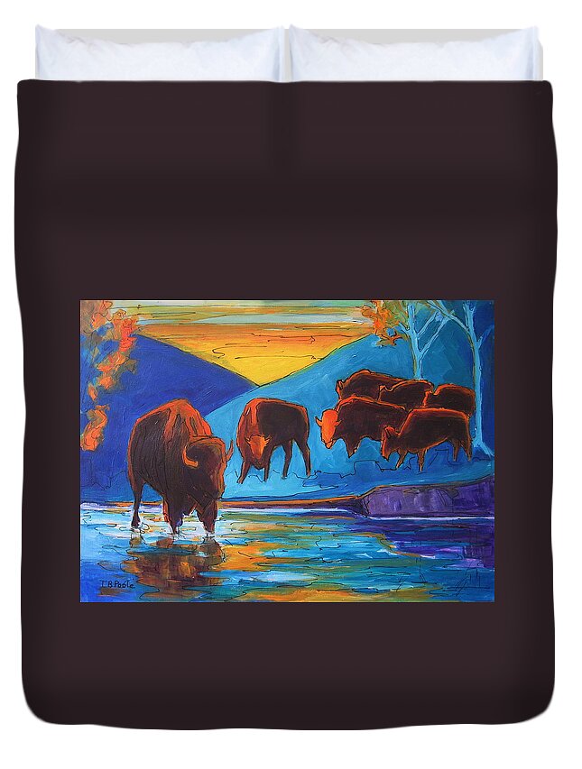 Bison Duvet Cover featuring the painting Bison Turquoise Hill Sunset acrylic and ink painting Bertram Poole xvi by Thomas Bertram POOLE