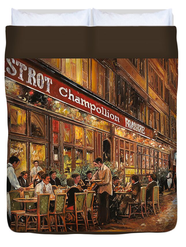 Street Scene Duvet Cover featuring the painting Bistrot Champollion di notte by Guido Borelli