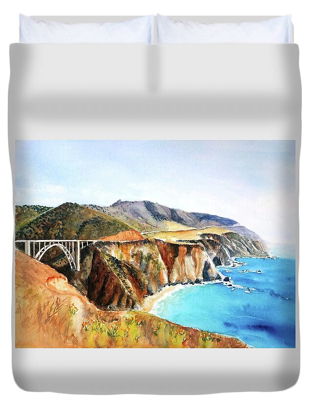 Bixby Bridge Duvet Cover featuring the painting Bixby Bridge Big Sur Coast California by Carlin Blahnik CarlinArtWatercolor
