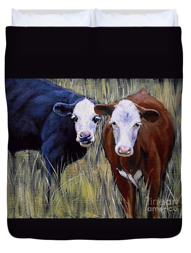 Cow Duvet Cover featuring the painting Black and Brown Cow by Christopher Shellhammer