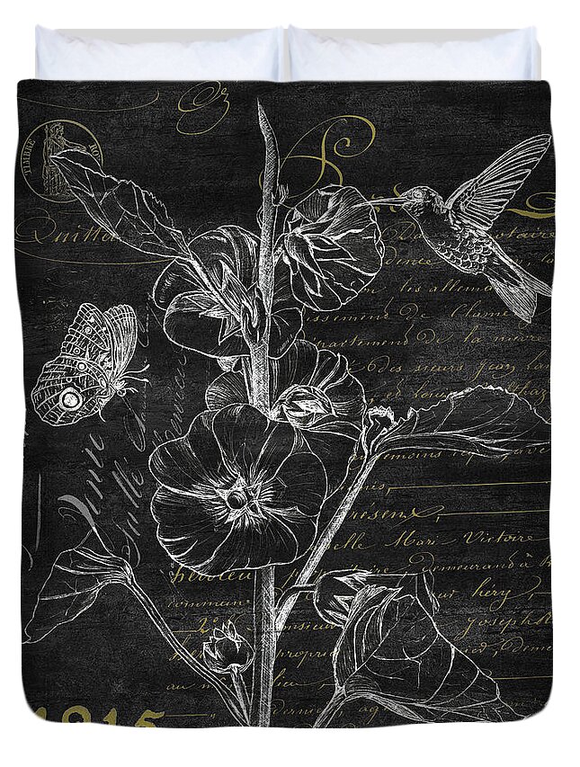 Hummingbird Duvet Cover featuring the painting Black and Gold Hummingbirds 1 by Debbie DeWitt