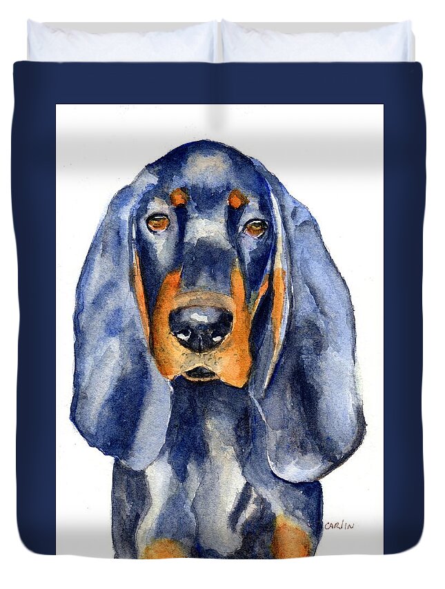 Dog Duvet Cover featuring the painting Black and Tan Coonhound Dog by Carlin Blahnik CarlinArtWatercolor