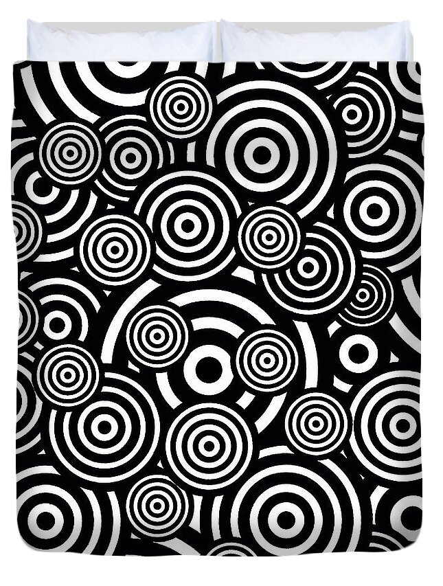 Black Duvet Cover featuring the painting Black And White Bullseye Abstract Pattern by Saundra Myles