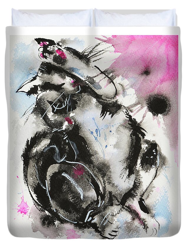 Black-and-white Cat Duvet Cover featuring the painting Black and White Cat Sleeping by Zaira Dzhaubaeva