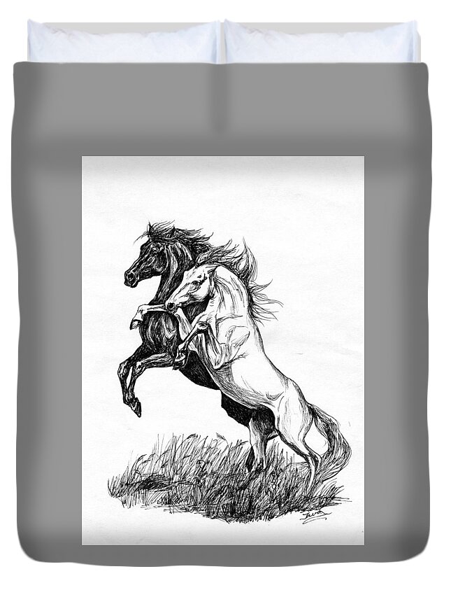 Wild Horses Duvet Cover featuring the drawing Black and White by Jana Goode