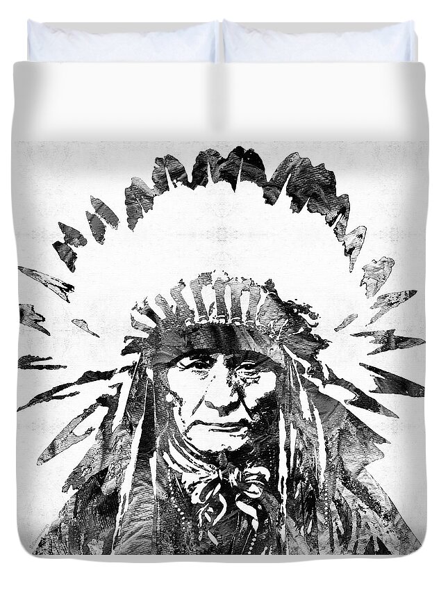 Native American Duvet Cover featuring the painting Black and White Native American Chief by Sharon Cummings