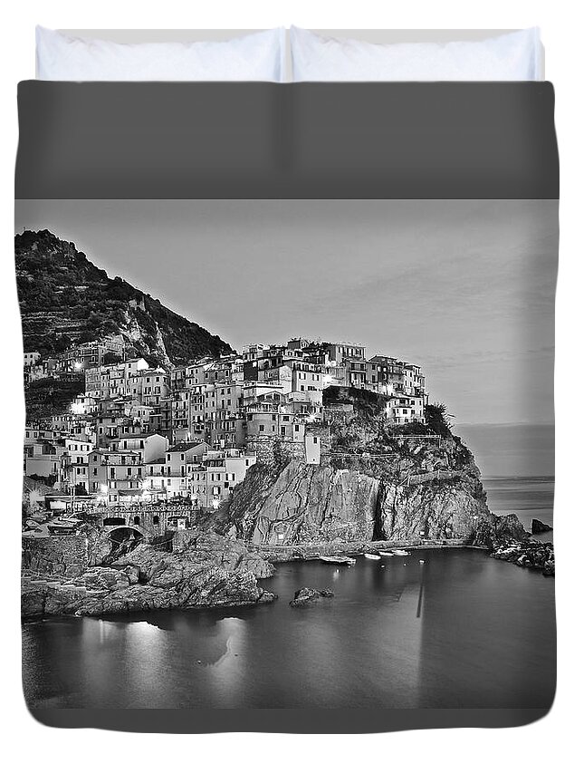 Manarola Duvet Cover featuring the photograph Black and White Night for Manarola by Frozen in Time Fine Art Photography
