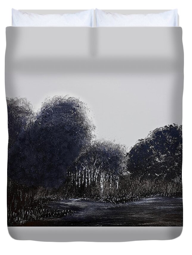 Black Duvet Cover featuring the painting Black and White Northland Woodland by Dick Bourgault
